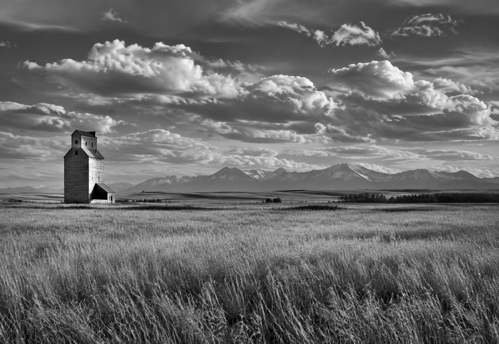 Black and white Alberta prairie landscape with grain elevator and distant Rocky Mountains